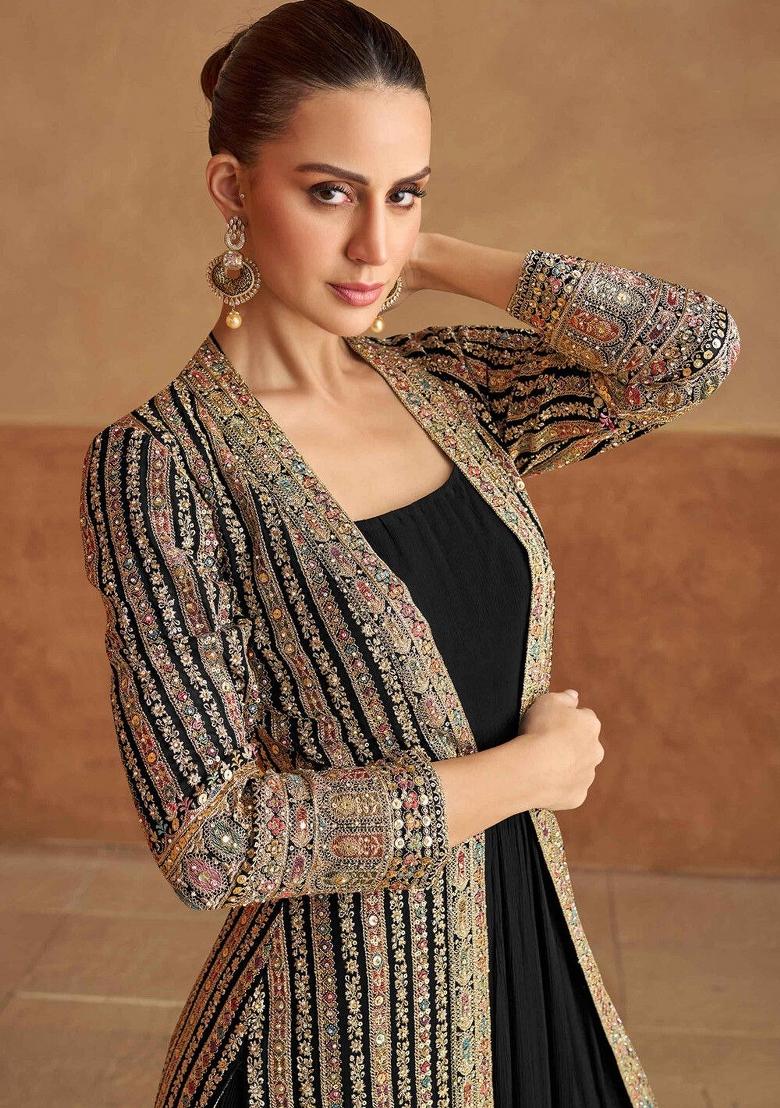 Black Embroidery Georgette Gown With Dupatta - Indya