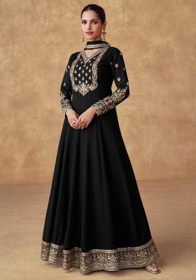 Black Embroidery Chinon Gown With Dupatta