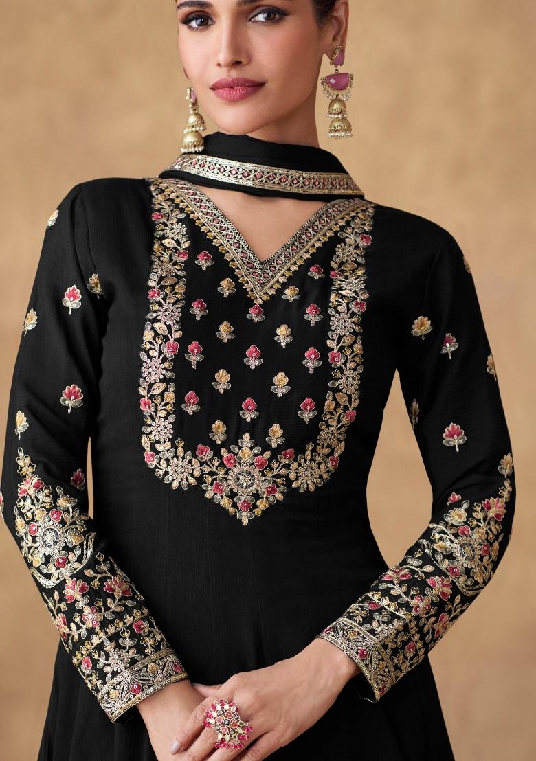 Black Embroidery Chinon Gown With Dupatta - Indya