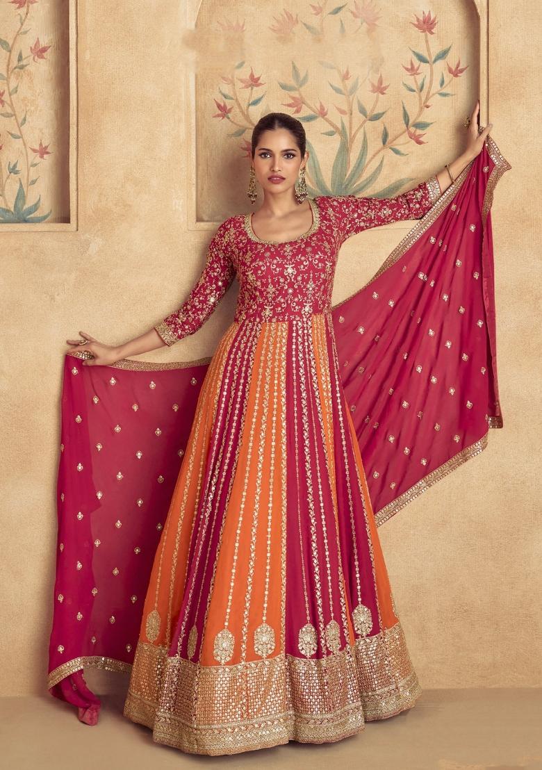 Pink Embroidery Chinon Gown With Dupatta - Indya