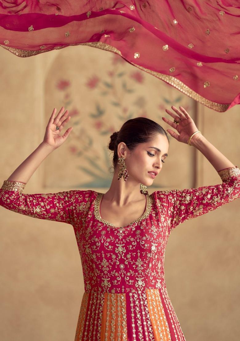 Pink Embroidery Chinon Gown With Dupatta - Indya