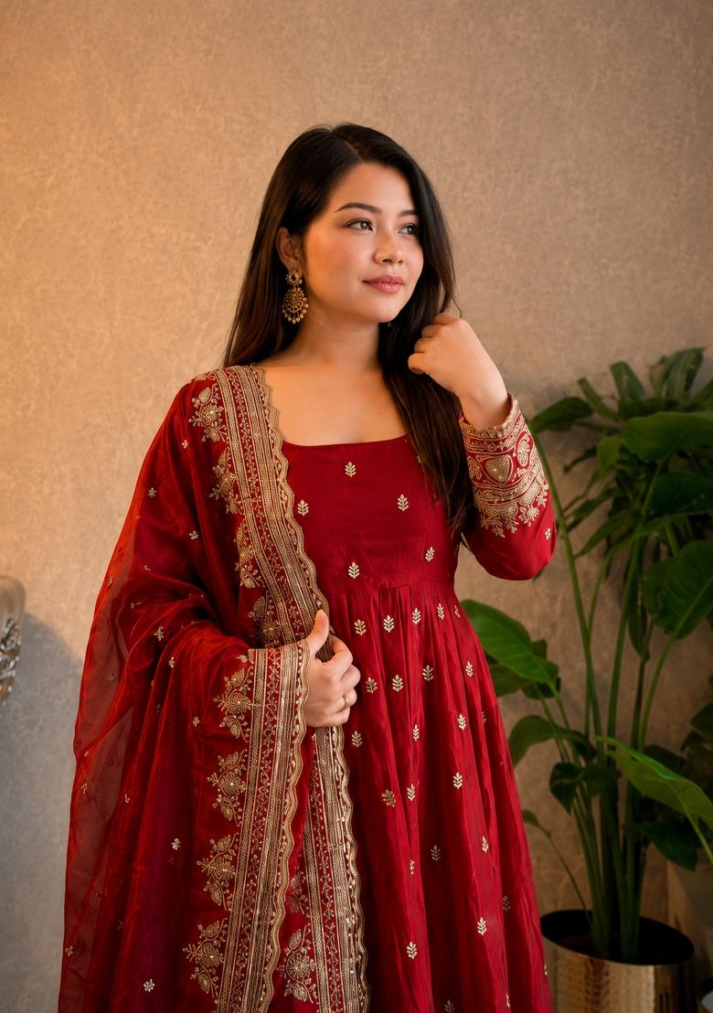 Red Embroidery Silk Gown Set - Indya