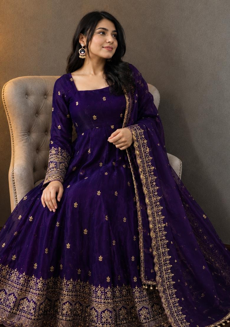 Blue Embroidery Silk Gown Set - Indya