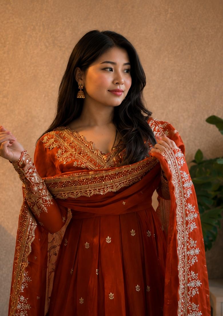 Orange Embroidery Silk Gown Set - Indya