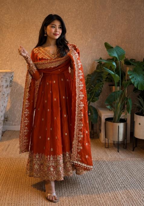 Orange Embroidery Silk Gown Set