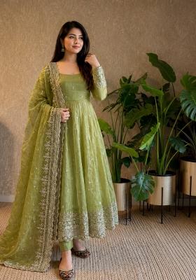 Mint Green Embroidery Silk Gown Set