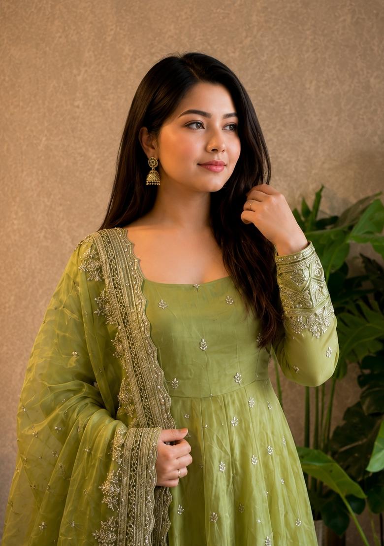 Mint Green Embroidery Silk Gown Set - Indya