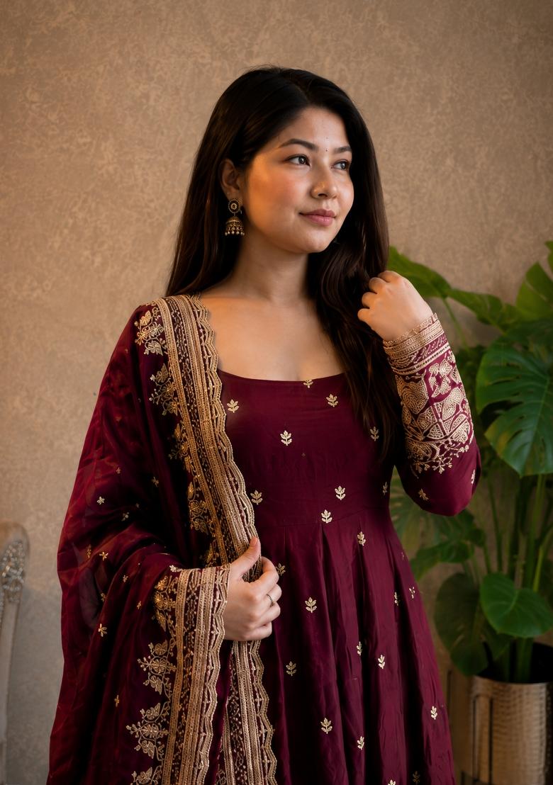 Maroon Embroidery Silk Gown Set - Indya