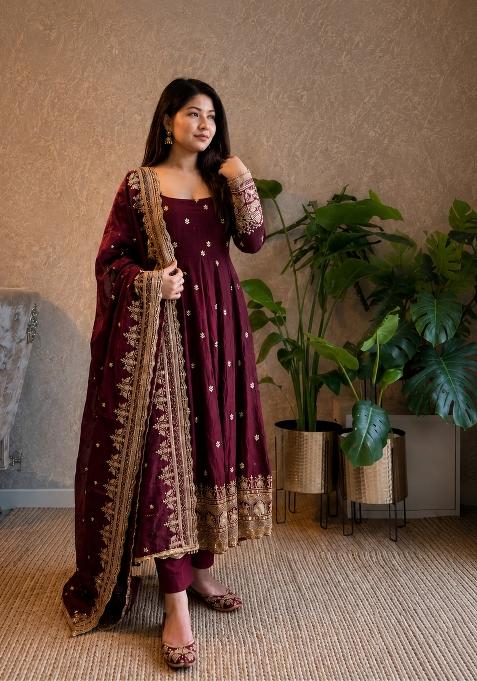 Maroon Embroidery Silk Gown Set