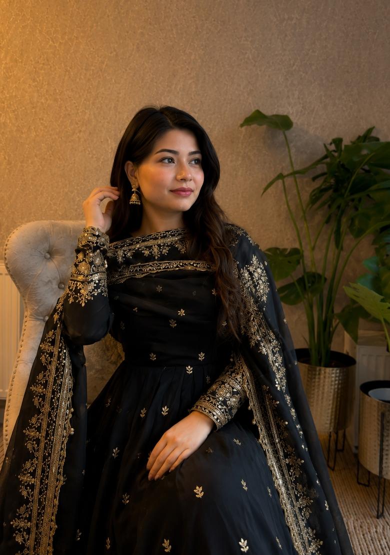 Black Embroidery Silk Gown Set - Indya