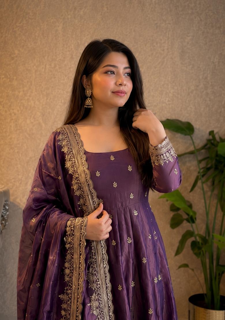 Lavender Embroidery Silk Gown Set - Indya