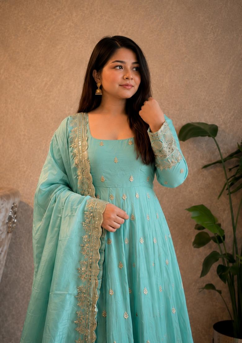 Turquoise Embroidery Silk Gown Set - Indya