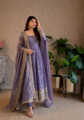 Purple Embroidery Silk Gown Set