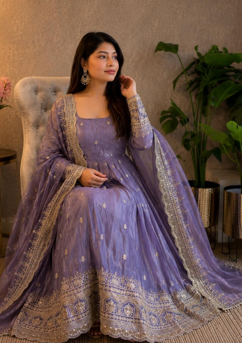 Purple Embroidery Silk Gown Set - Indya