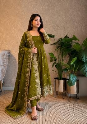 Mehendi Embroidery Silk Gown Set