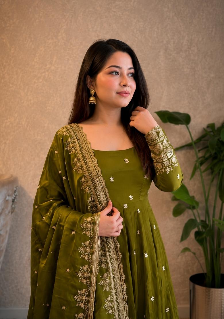Mehendi Embroidery Silk Gown Set - Indya
