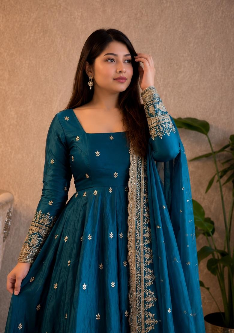 Teal Embroidery Silk Gown Set - Indya