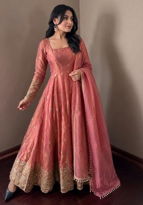 Rust Pink Embroidery Silk Gown Set