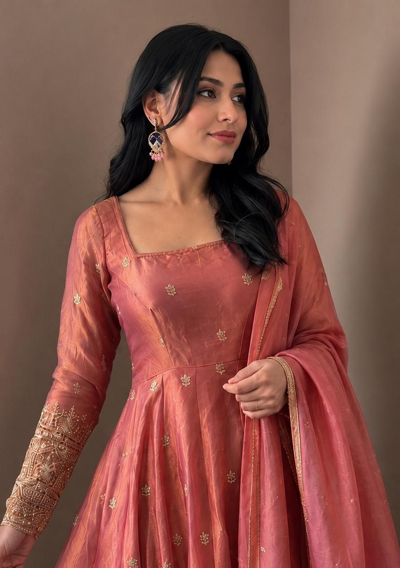 Rust Pink Embroidery Silk Gown Set - Indya