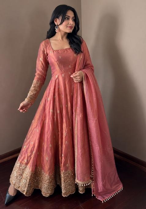 Rust Pink Embroidery Silk Gown Set