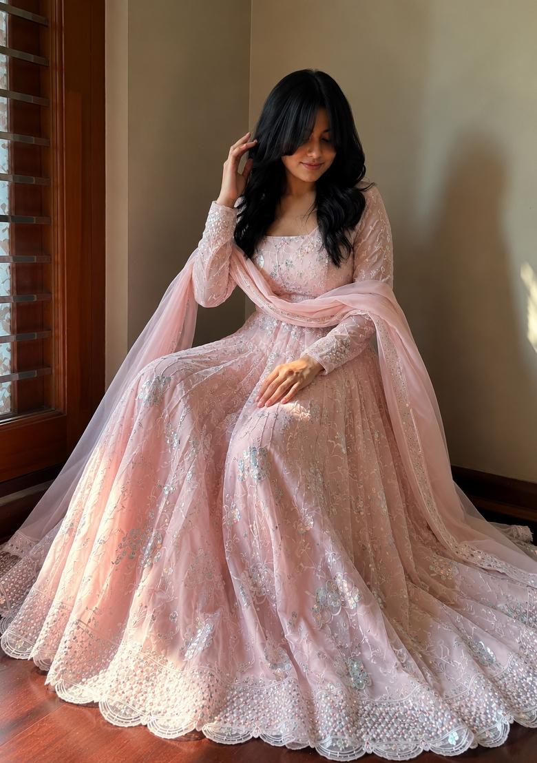 Light Pink Embroidery Georgette Gown Set - Indya