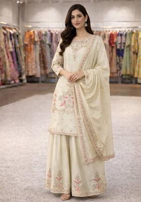 Off White Embroidery Chinon Palazzo Set