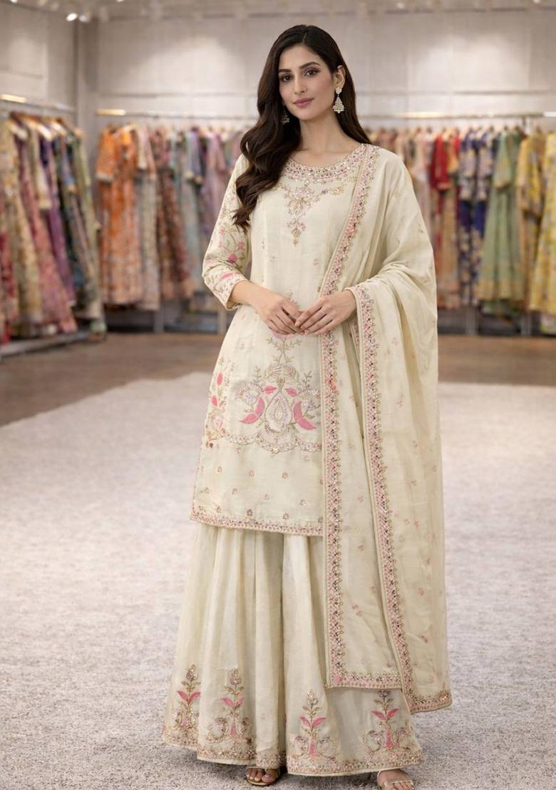 Off White Embroidery Chinon Palazzo Set - Indya