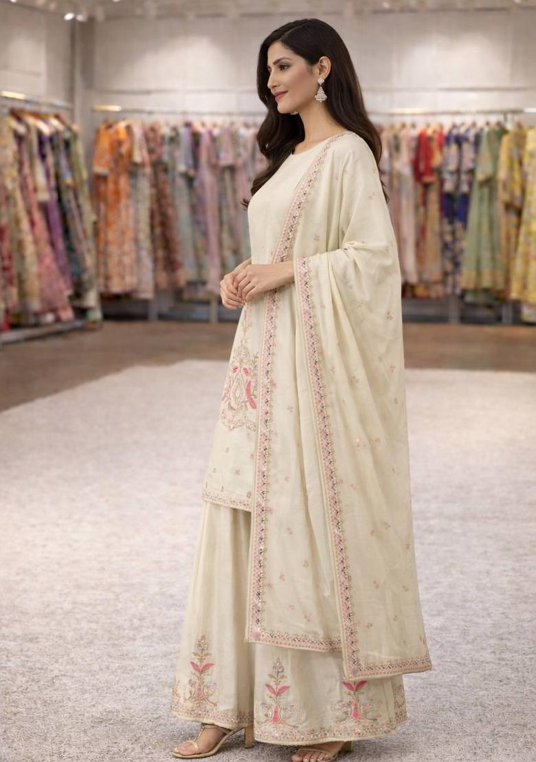 Off White Embroidery Chinon Palazzo Set - Indya