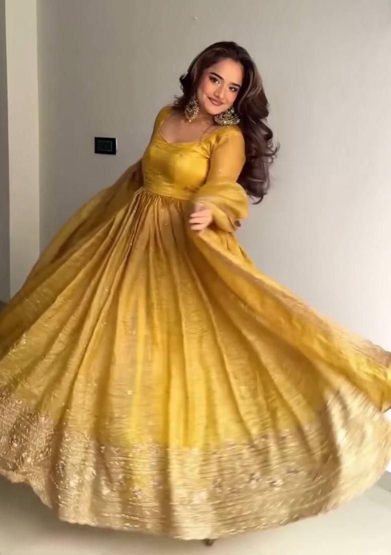 Yellow Embroidery Crush Gown Set - Indya