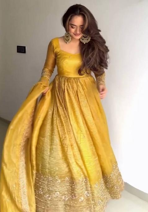 Yellow Embroidery Crush Gown Set
