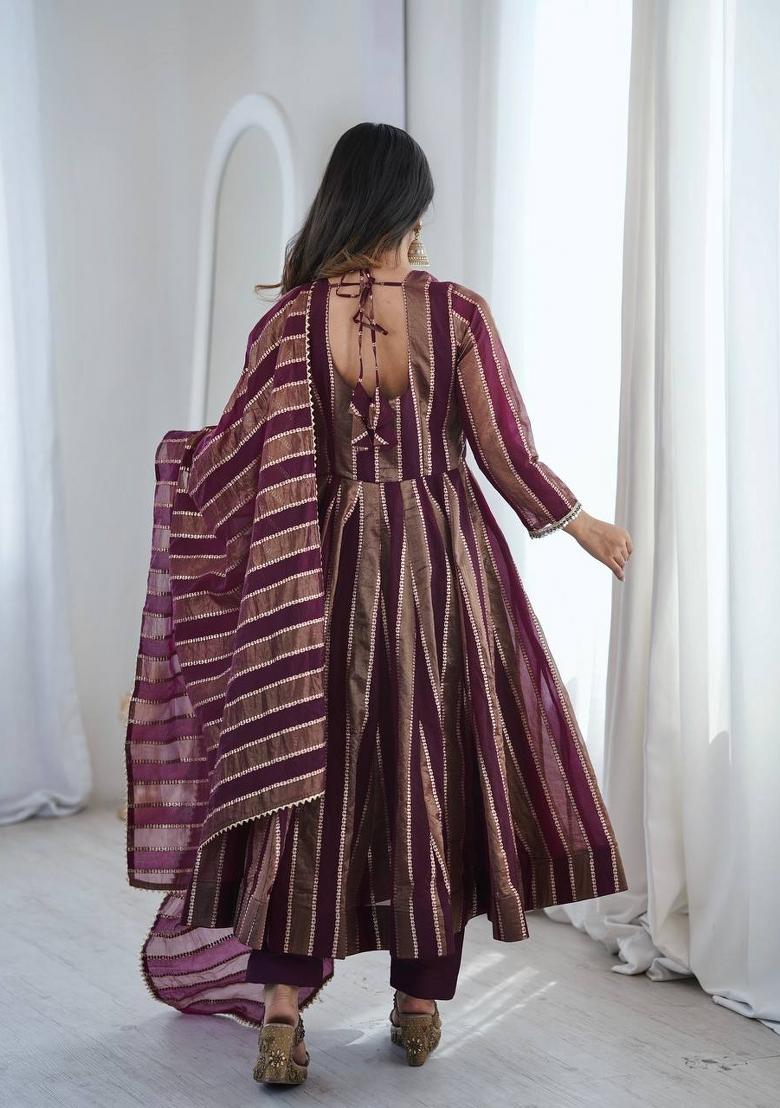 Maroon Embroidery Viscose Gown Set - Indya