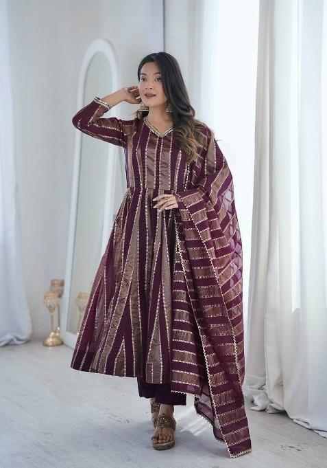 Maroon Embroidery Viscose Gown Set