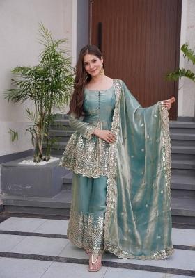 Teal Embroidery Silk Palazzo Set