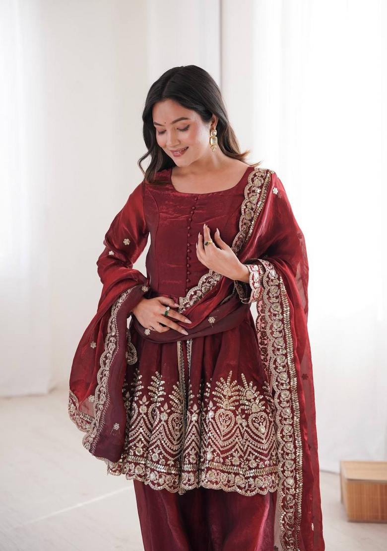 Maroon Embroidery Silk Palazzo Set - Indya