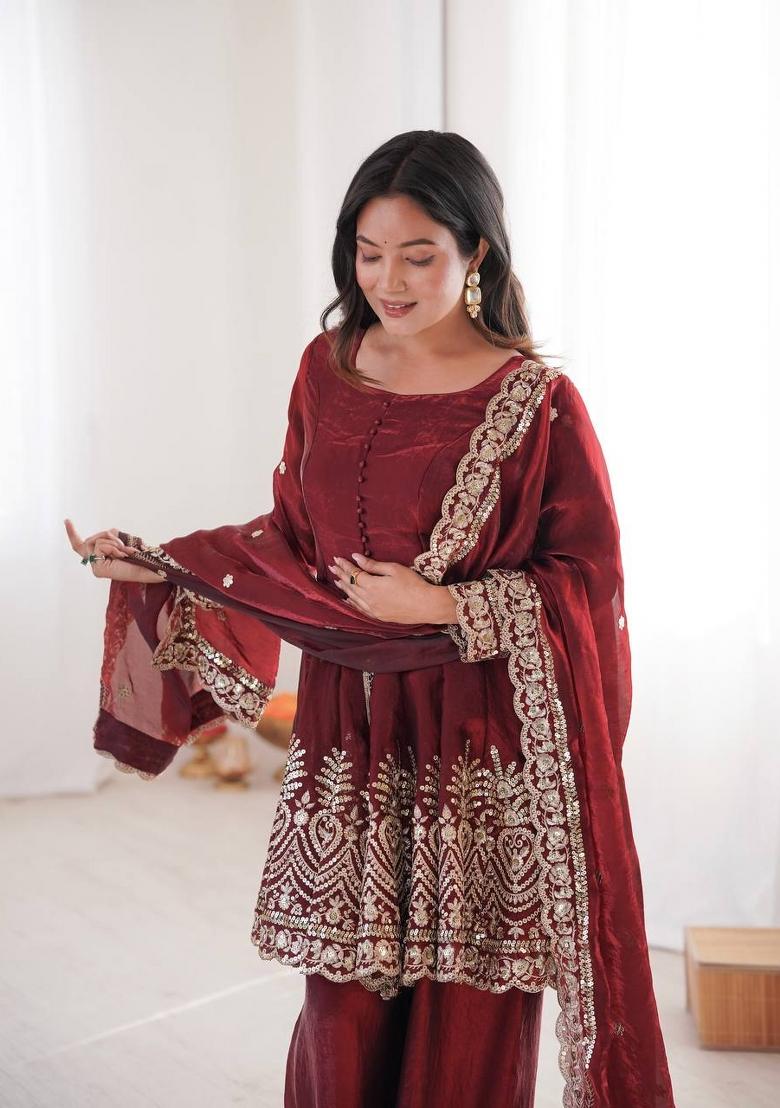 Maroon Embroidery Silk Palazzo Set - Indya