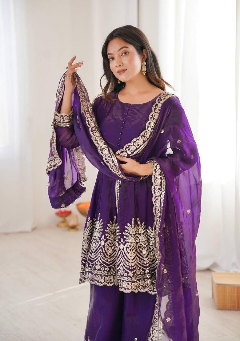Lavender Embroidery Silk Palazzo Set - Indya