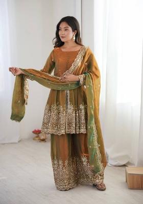 Yellow Green Embroidery Silk Palazzo Set