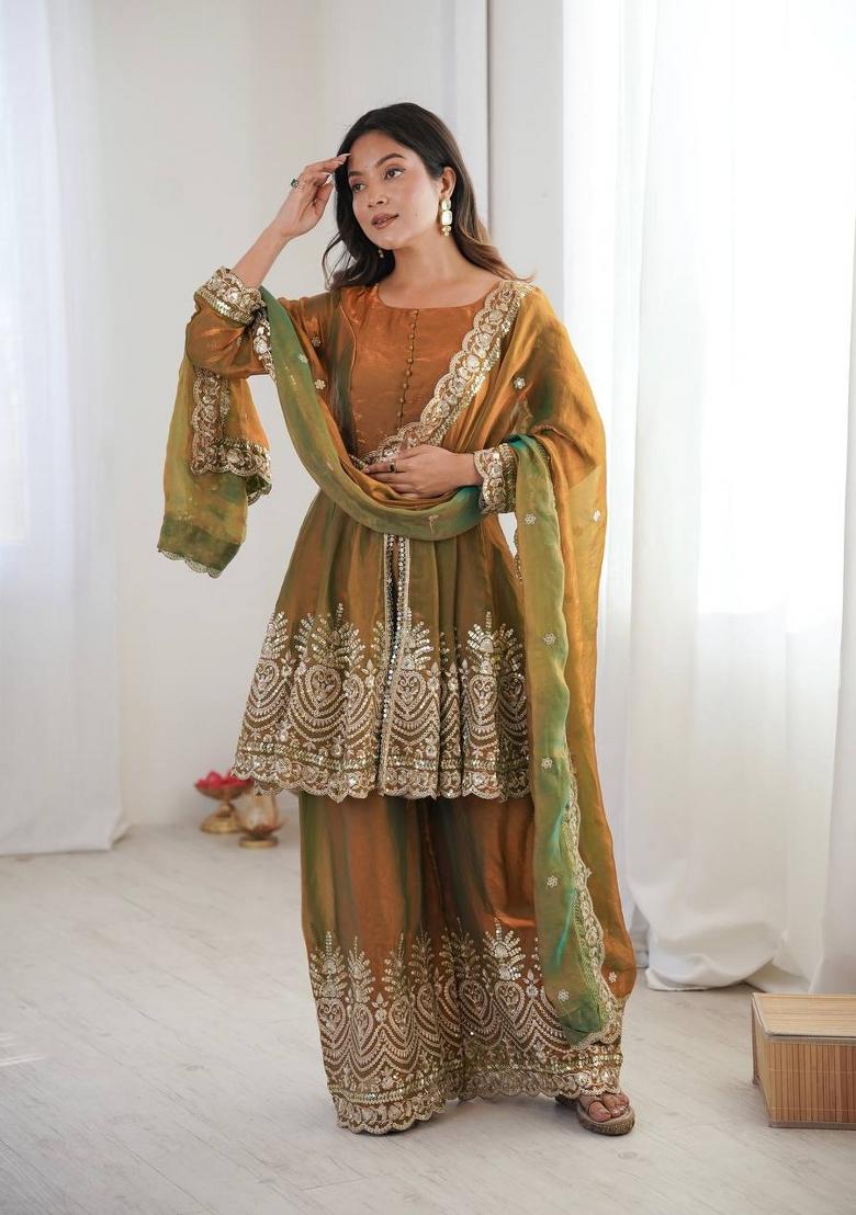 Yellow Green Embroidery Silk Palazzo Set - Indya