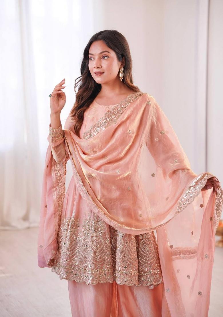 Peach Embroidery Silk Palazzo Set - Indya