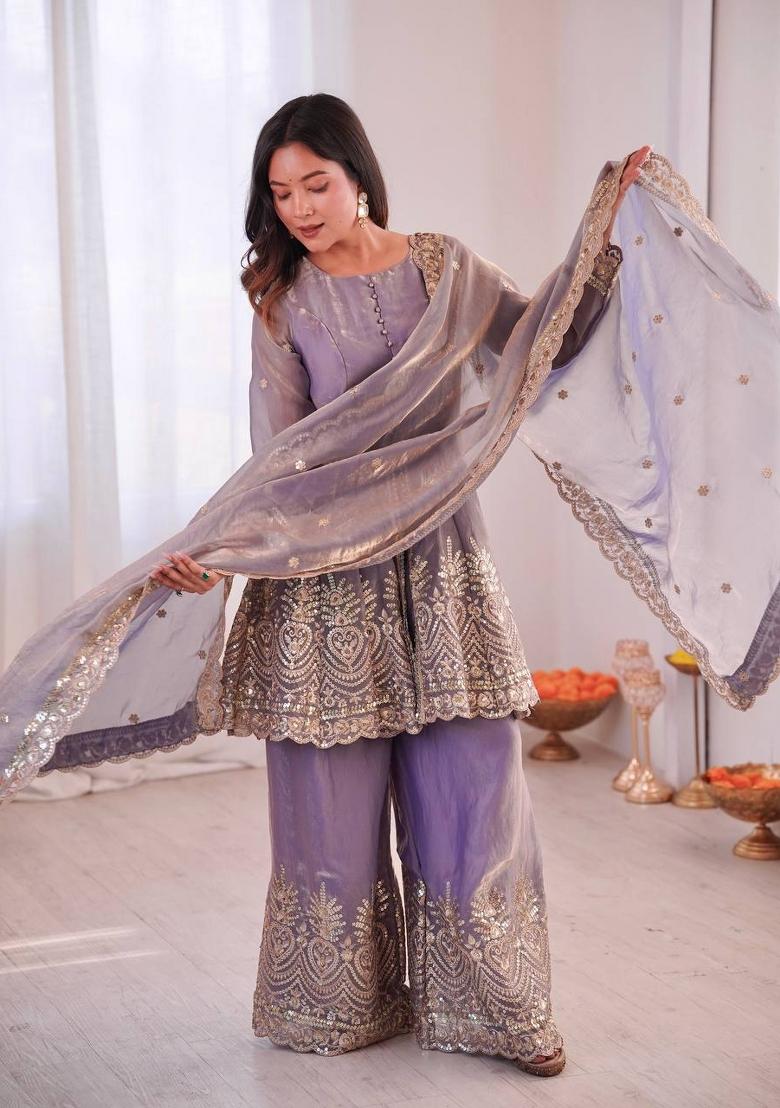 Dark Purple Embroidery Silk Palazzo Set - Indya