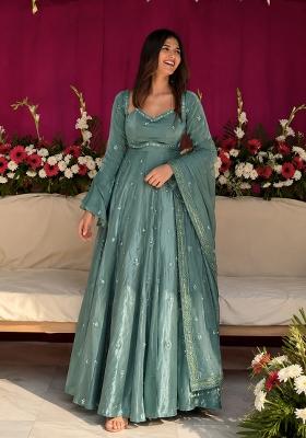 Grey Embroidery Silk Gown Set