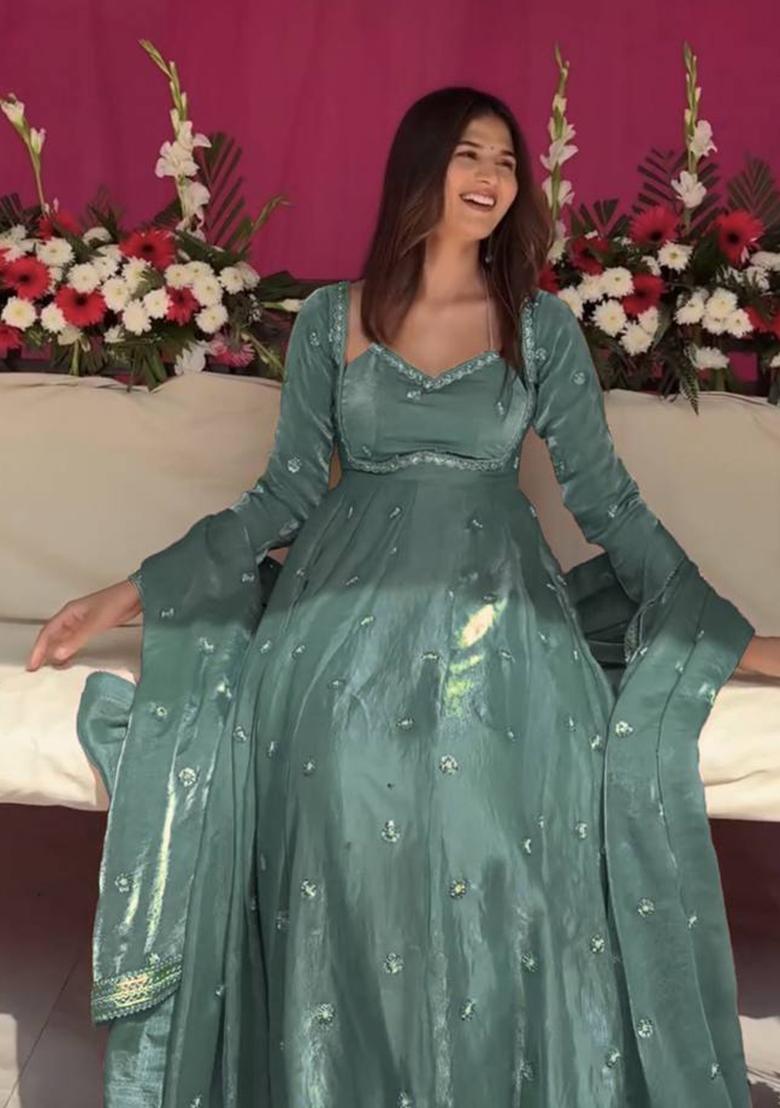 Grey Embroidery Silk Gown Set - Indya