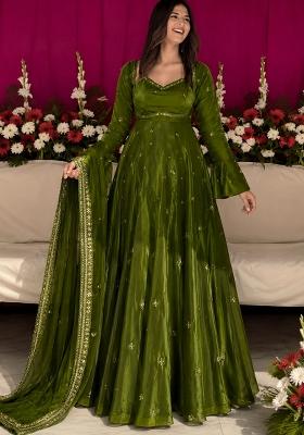 Mehendi Embroidery Silk Gown Set