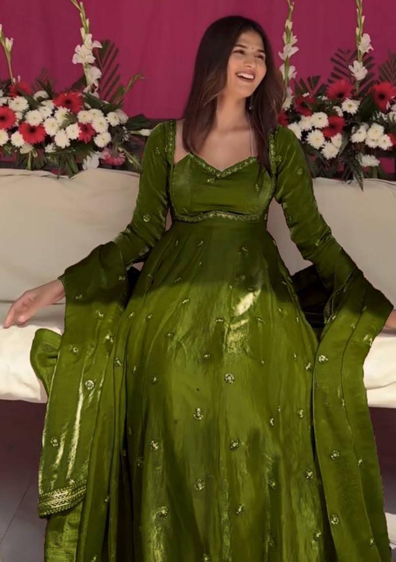 Mehendi Embroidery Silk Gown Set - Indya