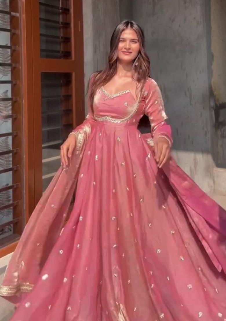 Red Embroidery Silk Gown Set - Indya