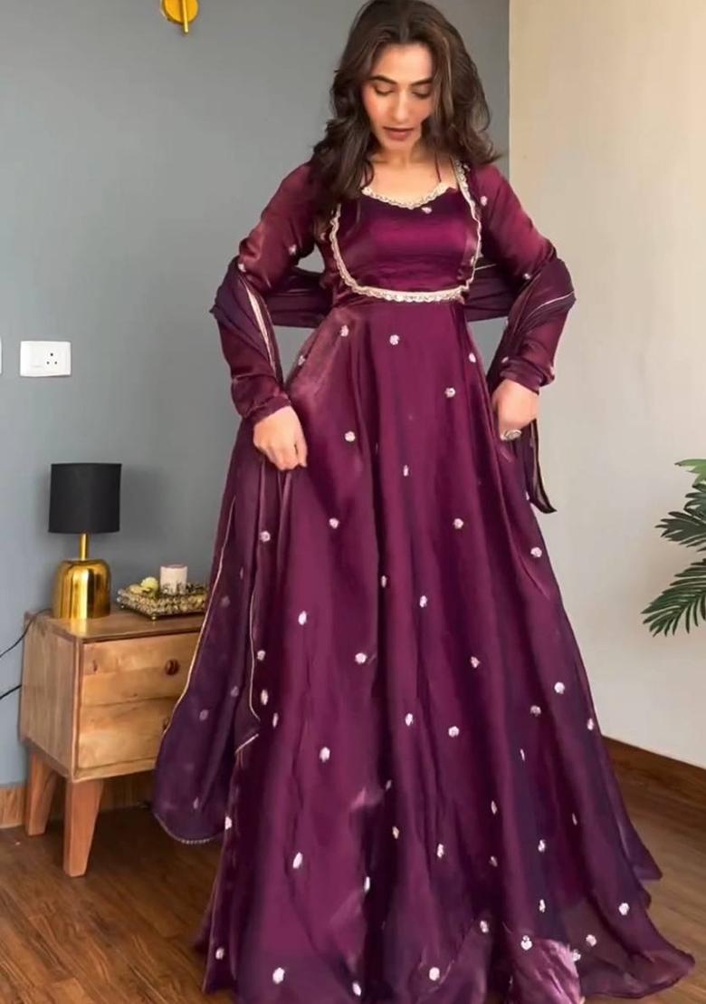 Wine Embroidery Silk Gown Set - Indya