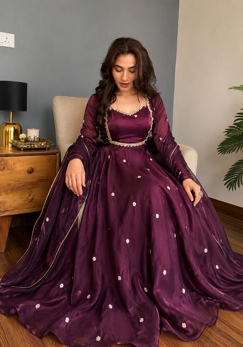 Wine Embroidery Silk Gown Set