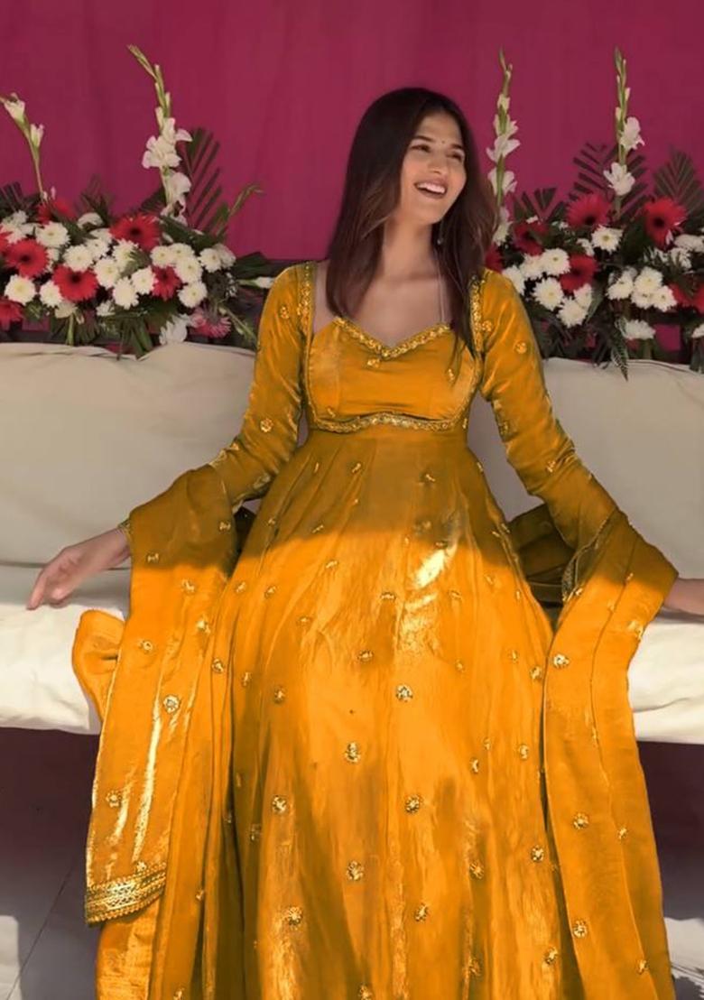 Yellow Embroidery Silk Gown Set - Indya