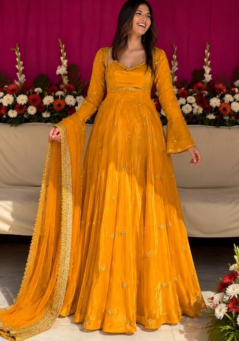 Yellow Embroidery Silk Gown Set