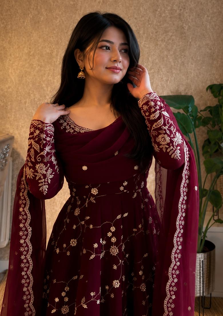 Maroon Embroidery Silk Gown Set - Indya